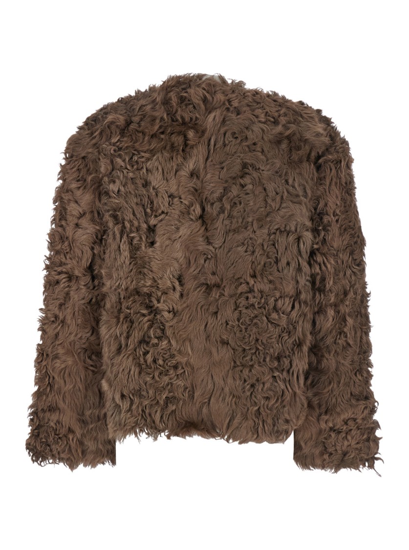 Plain Collarless Lamb Fur Jacket In Brown