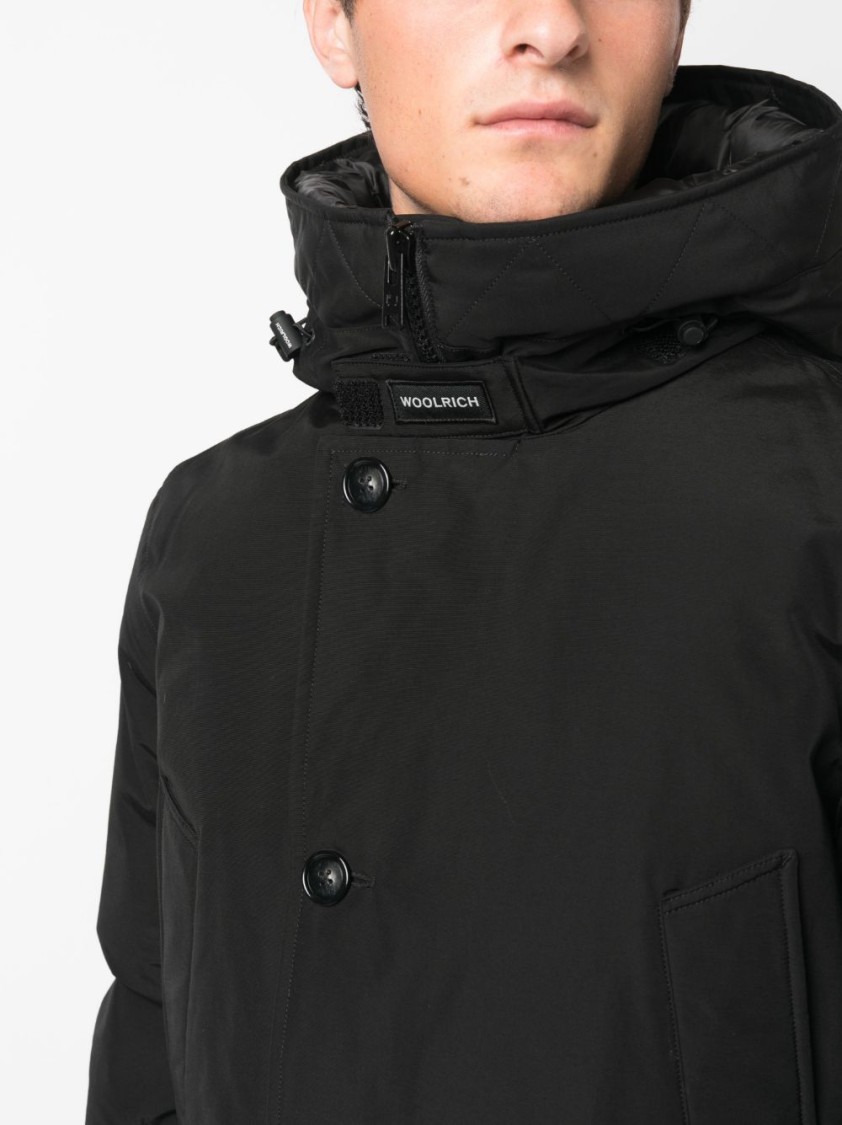 Woolrich Padded Jet Black Parka With Logo Print And Drawstring Hood In Black