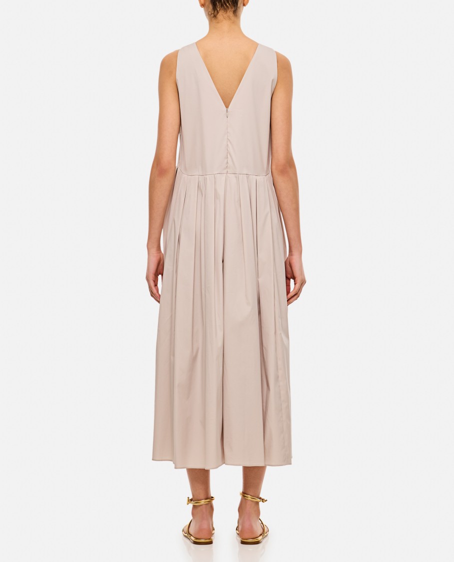 Max Mara Ecru Cotton Poplin Maxi Dress With Pleated Skirt In Neutrals