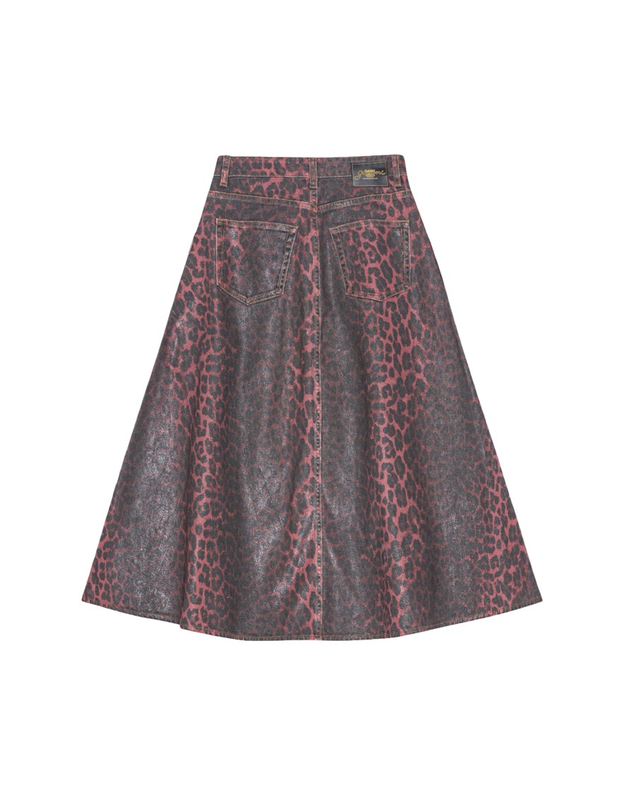 Ganni Leopard Print Foil Denim Midi Skirt In Multi