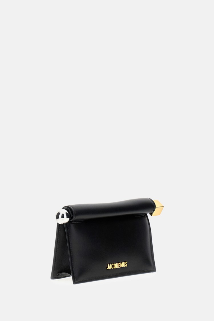 Jacquemus Calfskin Leather Clutch With Gold Accents And Removable Chain Strap In Black