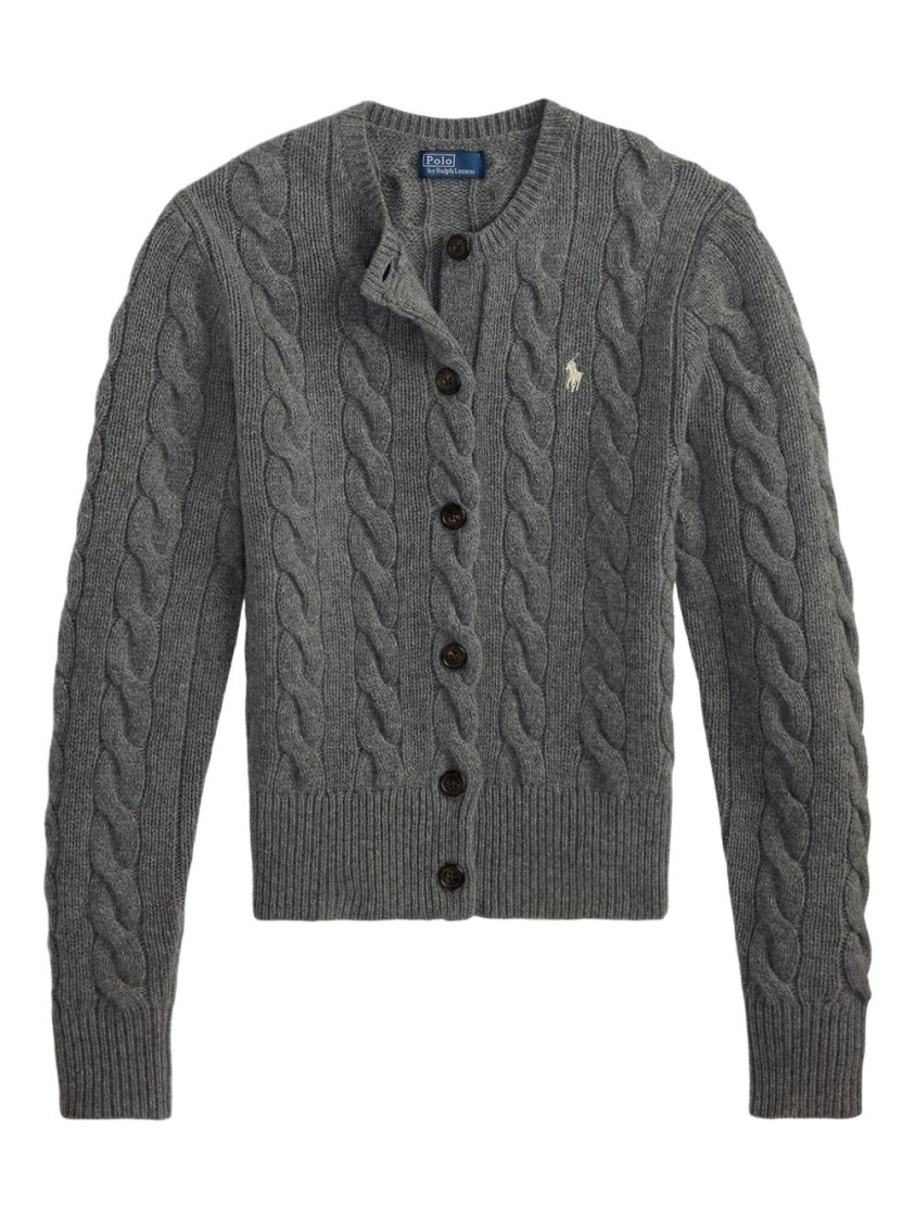Polo Ralph Lauren Cable Knit Sweater With Button-up Front And Fitted Ribbed Hem In Gray