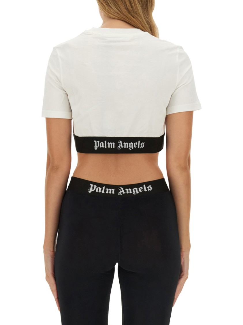 Palm Angels White Cropped T-shirt With Jacquard Logo In Cotton Woman In White