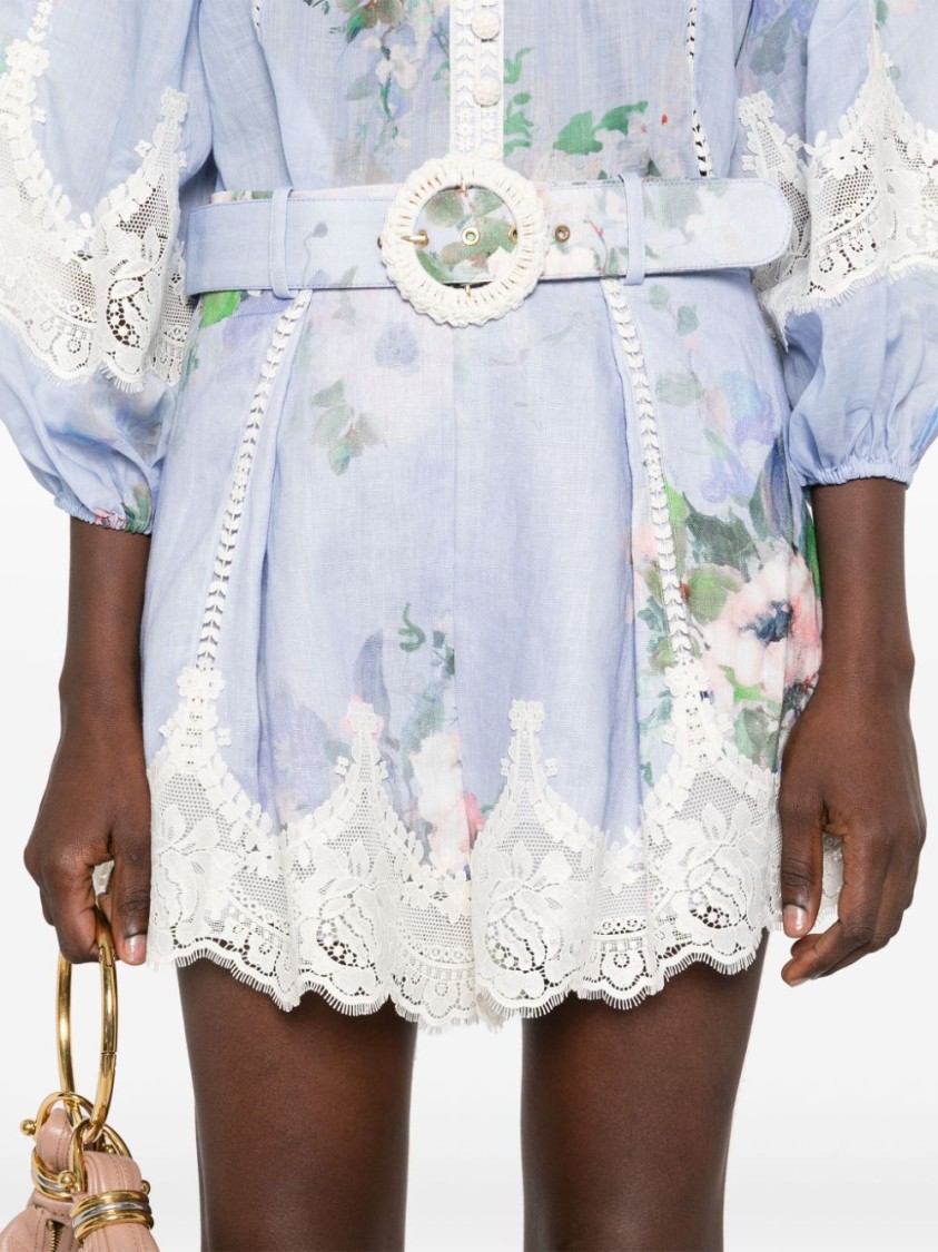 Zimmermann Womens Light Blue Floral Everley Tuck Floral-pattern Linen Shorts In Blue