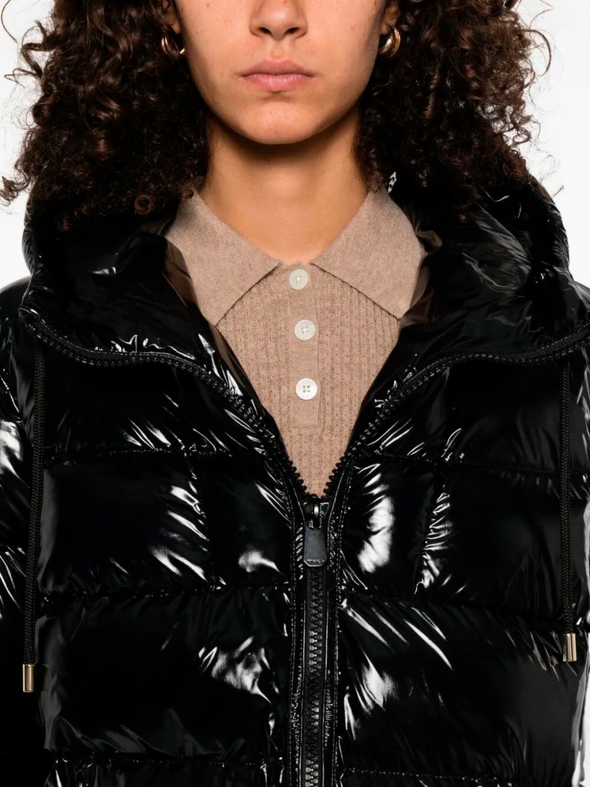 Pinko Oversized Black Puffy Coat With Glossy Finish And Hood In Black