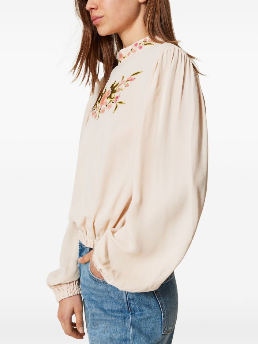 Shop Twinset Twin-set Floral-embroidered Blouse With Keyhole Closure And Gathered Hem In Neutrals