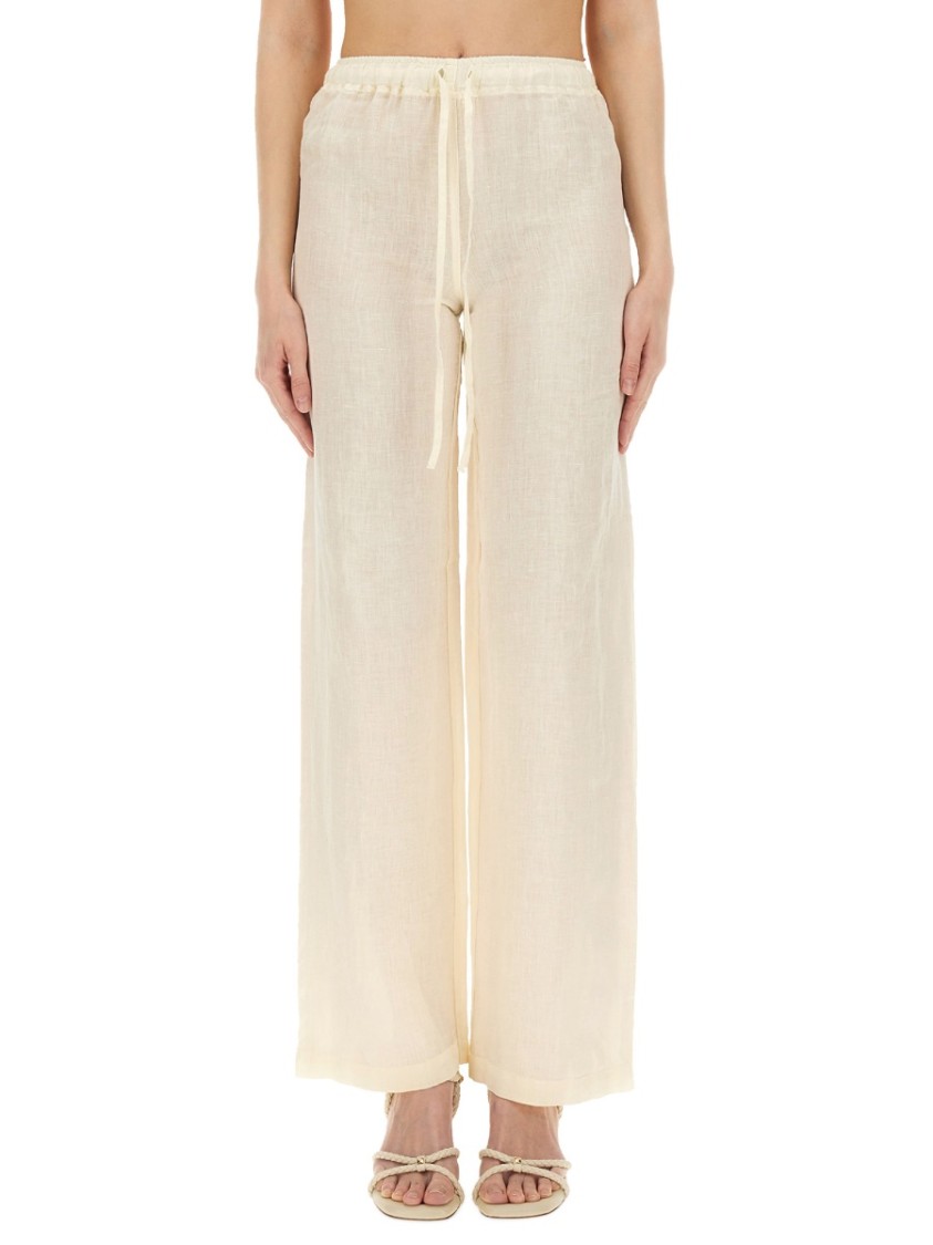 Shop 120% Lino Relaxed Wide-leg Linen Pants With Drawstring Waist In Neutrals