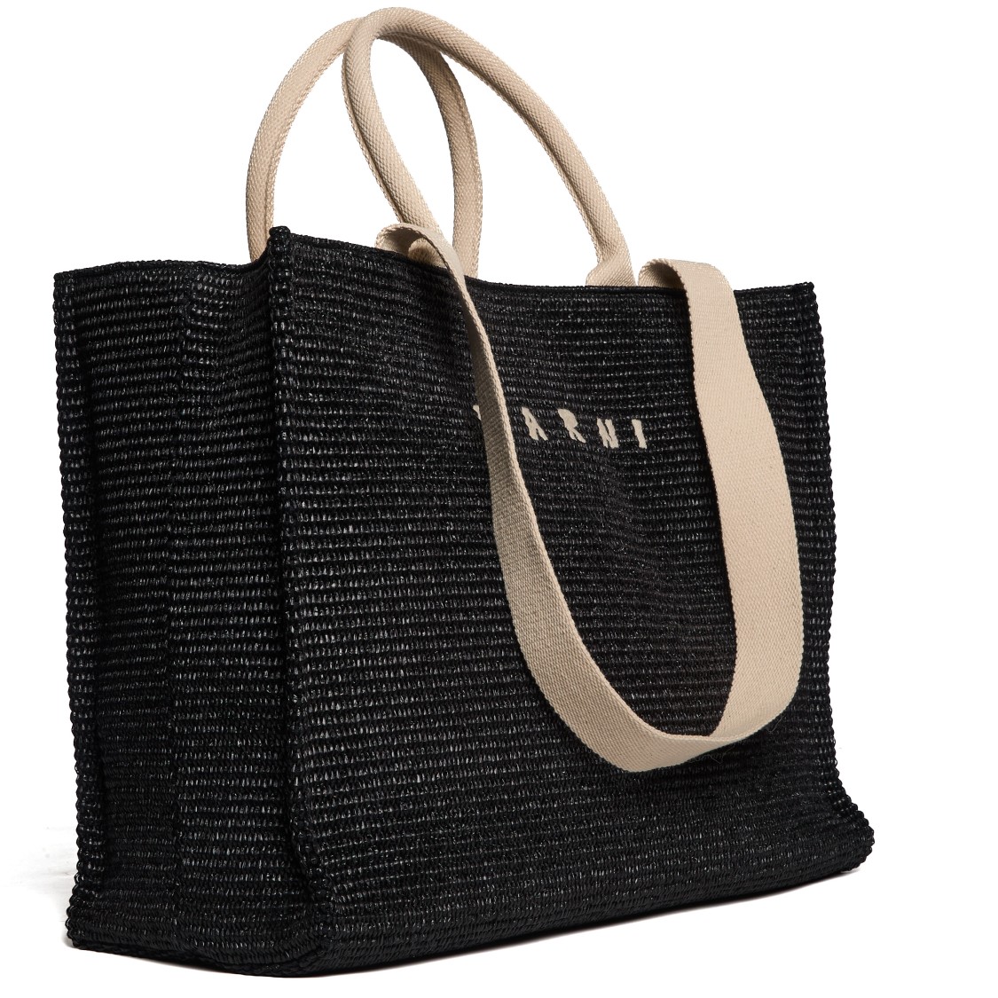 Marni Natural Raffia Effect Fabric Large Tote Bag In Black