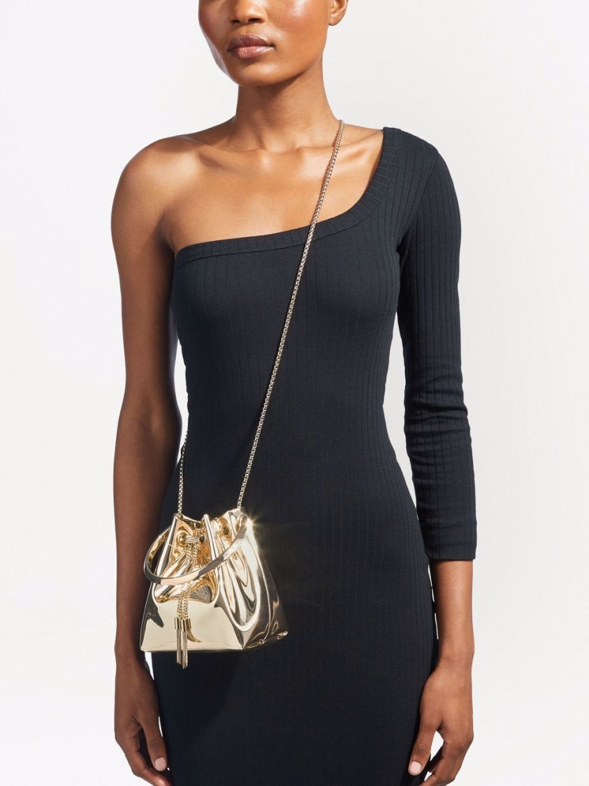 Jimmy Choo Shiny Mirror-effect Bon Bon Bag With Chain Drawstring And Metal Handle In Gold