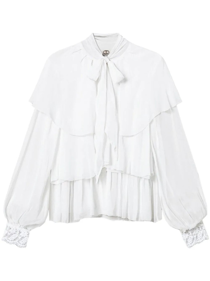 Twinset Twin-set Layered White Viscose Blouse With Tie Neck