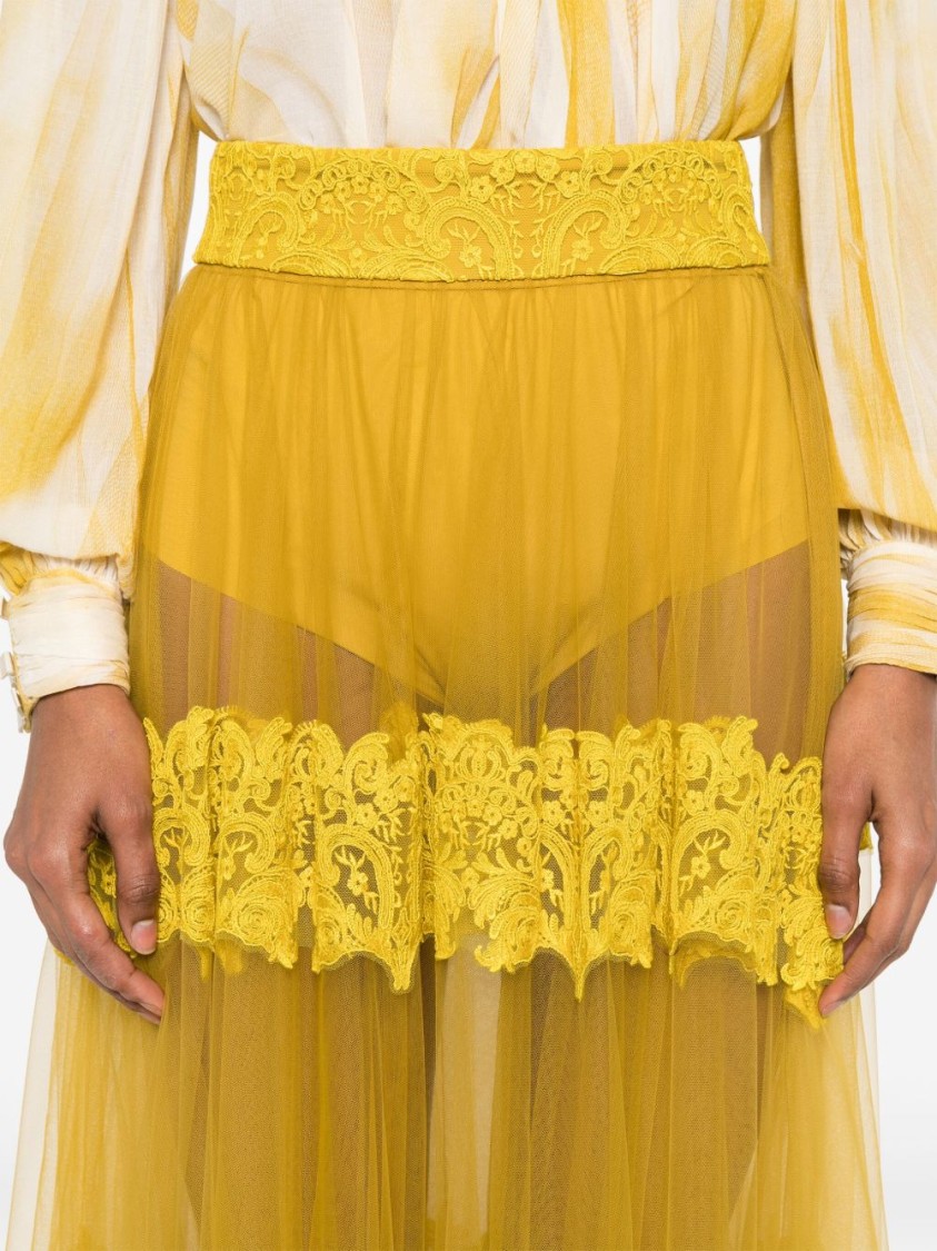 Elisabetta Franchi Ochre Yellow Midi Skirt With Lace Panels