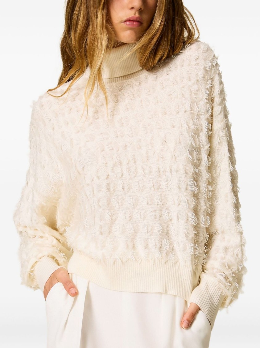 Twinset Twin-set Textured Knit Sweater With High Neckline And Oversized Sleeves In Neutral