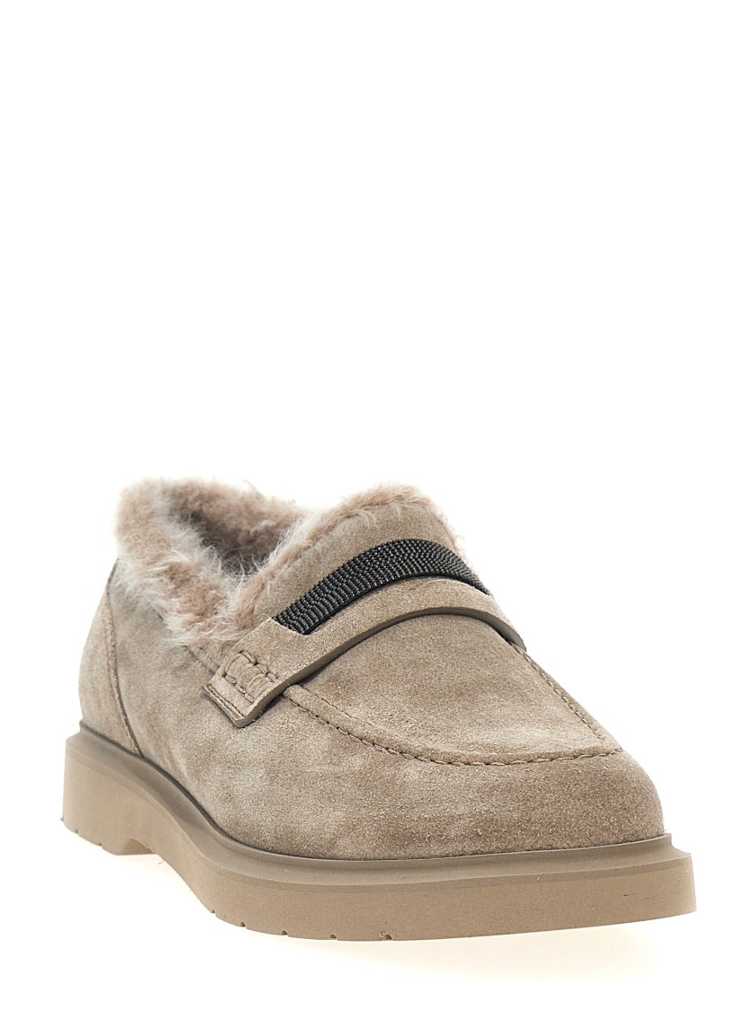 Brunello Cucinelli Suede Loafers With Monile Detail And Fur Lining In Neutral