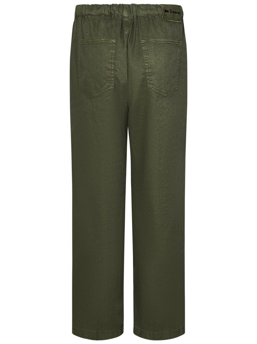 KITON KITON STRETCH LINEN AND COTTON GREEN TROUSERS WITH DRAWSTRING WAISTBAND