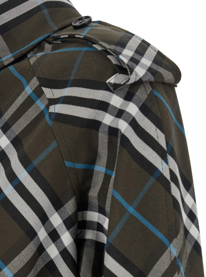 BURBERRY BURBERRY GREEN OVERSIZED DOUBLE-BREASTED TRENCH COAT WITH CHECK MOTIF IN TWILL