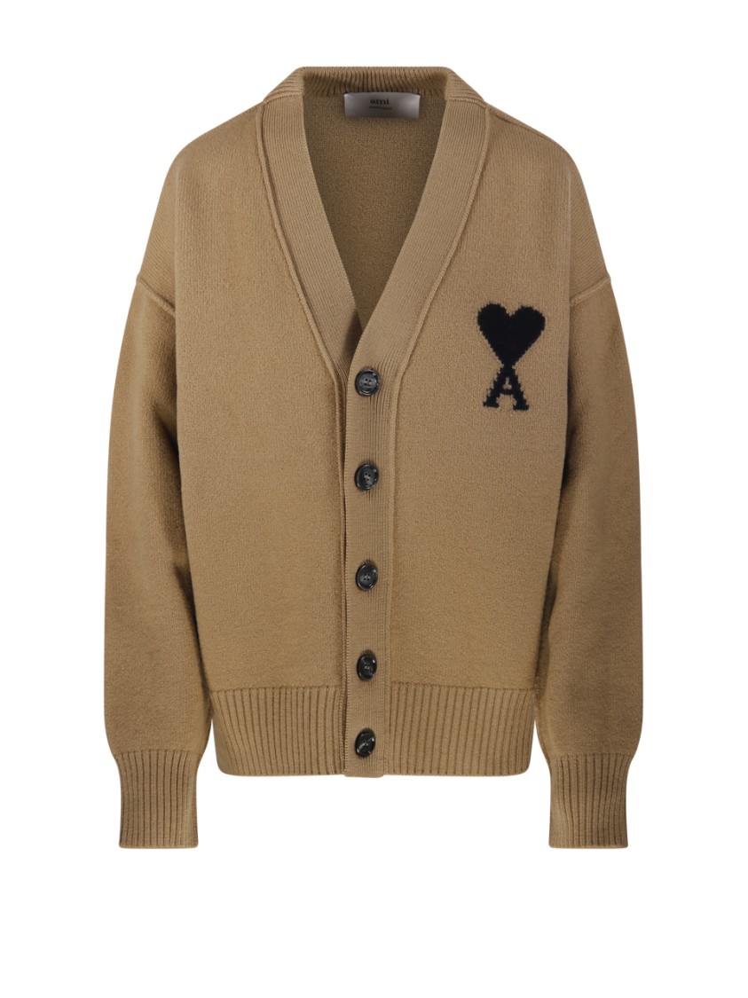 Ami Alexandre Mattiussi Ami Adc Cardigan V Neck Felted Merino In Brown