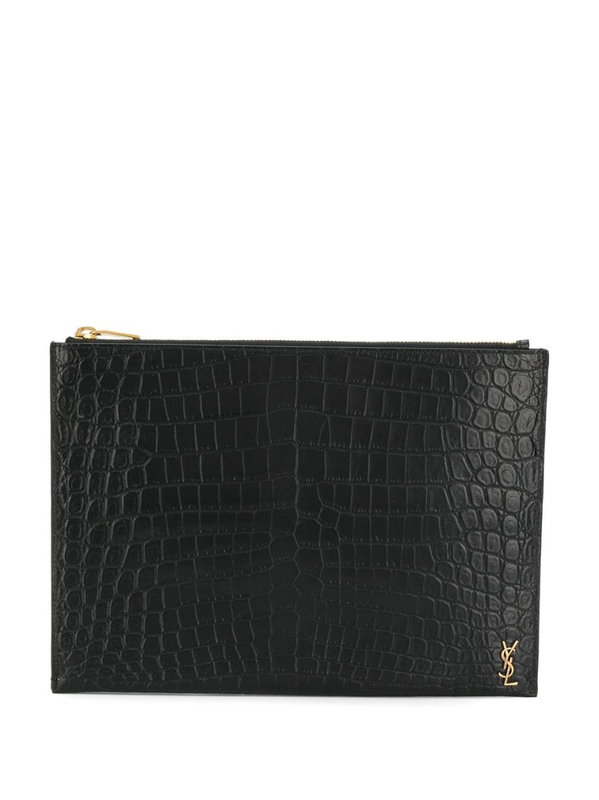 Saint Laurent Crocodile Effect Pouch In Black