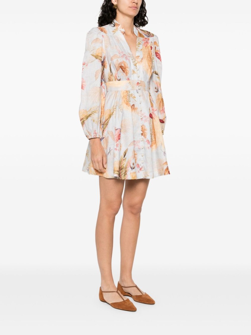 Zimmermann Ascension Light Blue Mini Dress With Flared Skirt And All-over Print In Linen Woman In Neutral