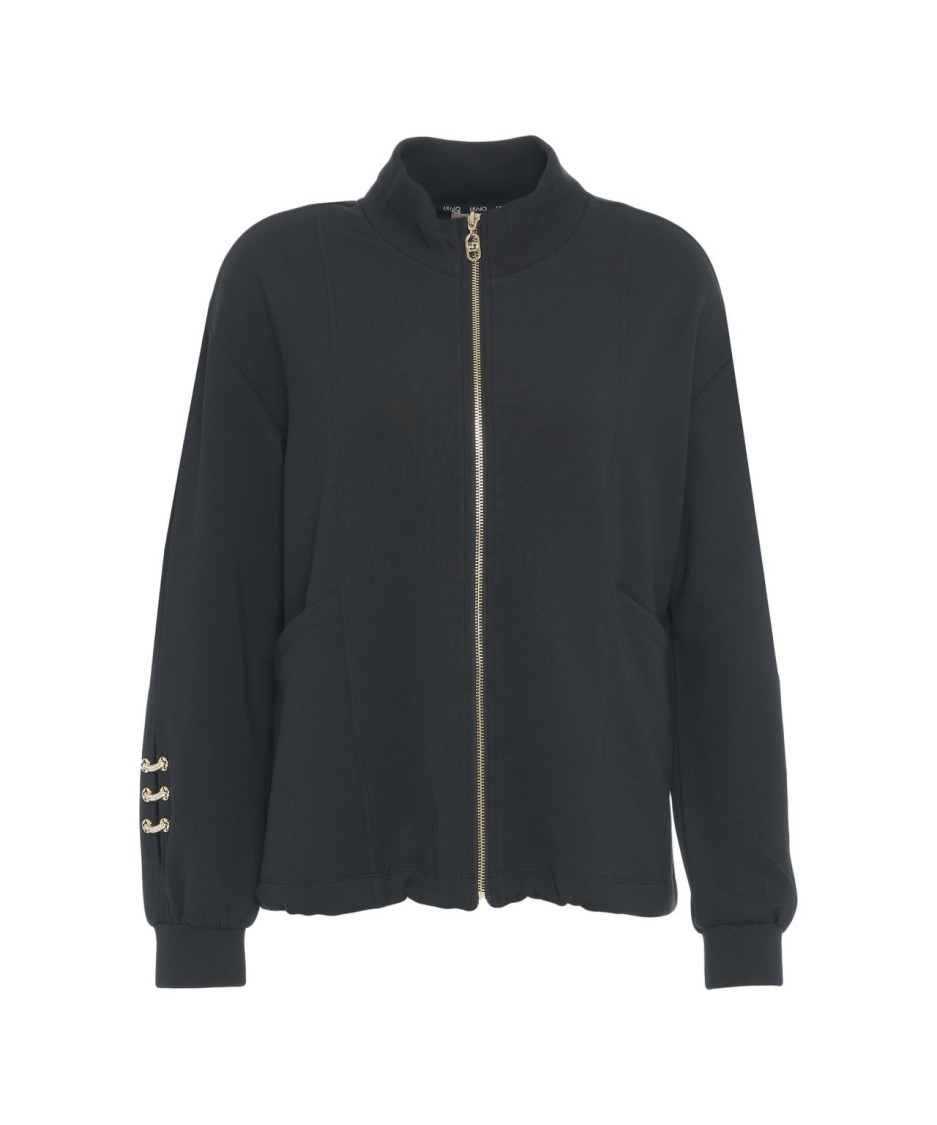 Shop Liu •jo Liu Jo Black Sweatshirt With Zipper And Rhinestone Embellishments
