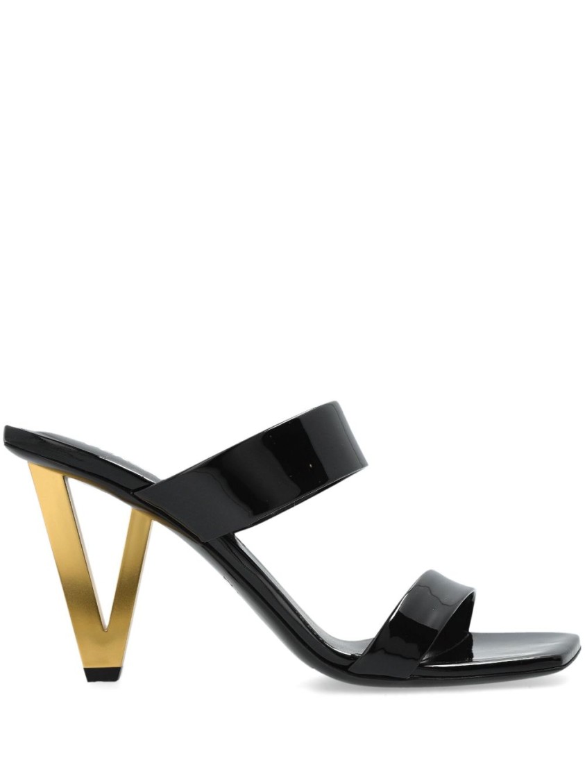 Shop Versace Patent Leather Mules With Galvanized V-shaped Heel In Black
