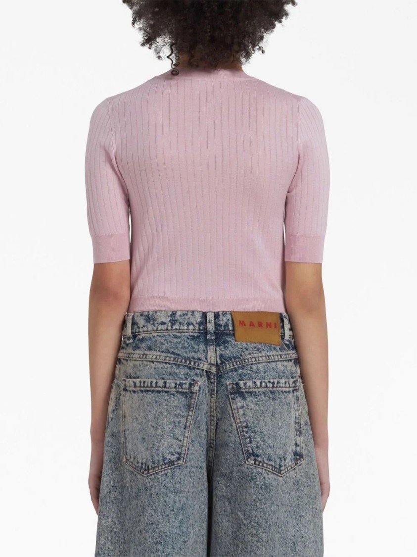 Marni Ribbed Knit Top With Fitted Silhouette In Pink