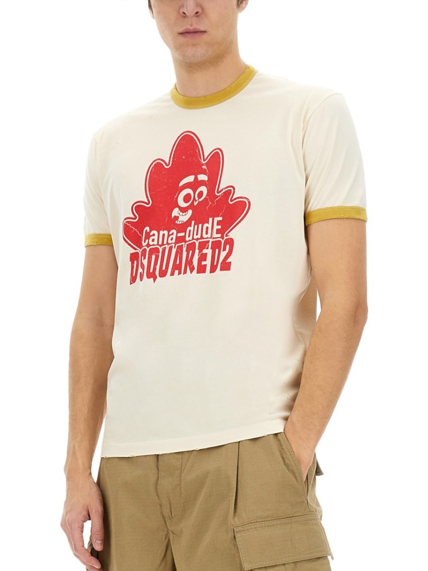 Dsquared2 Graphic Print Cotton T-shirt With Ribbed Trim In Neutrals