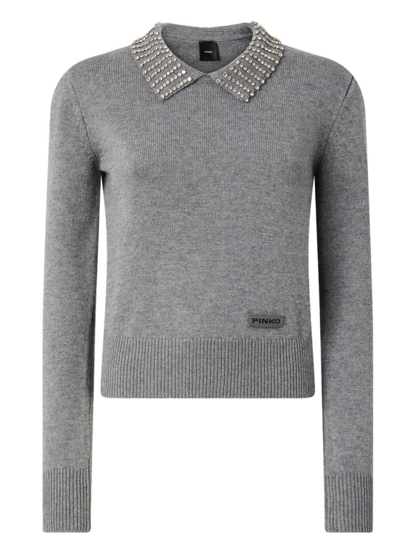 Pinko Sweater With Collar And Rhinestones In Gray
