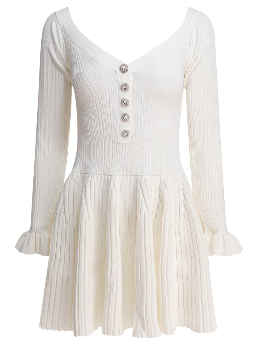 Self-portrait Ribbed Mini Dress With Pleated Skirt In Neutral