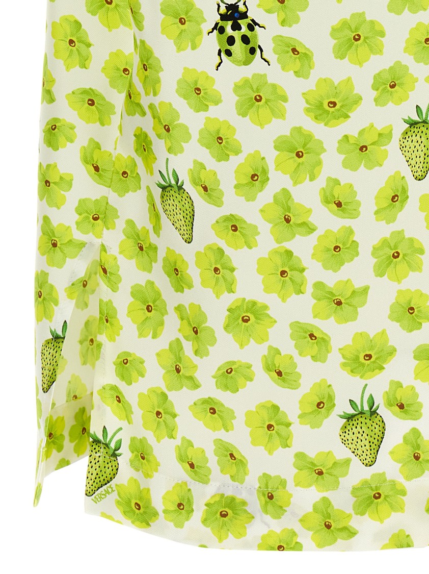 Versace Silk Twill Shirt With Strawberry Garden Print In Green