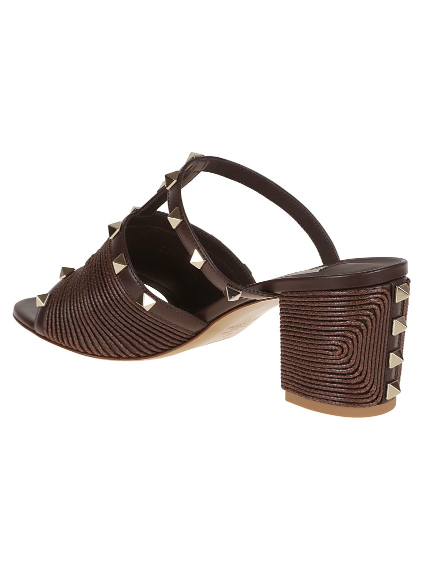Valentino Rockstud Block Heel Sandals With Studded Embellishments In Brown