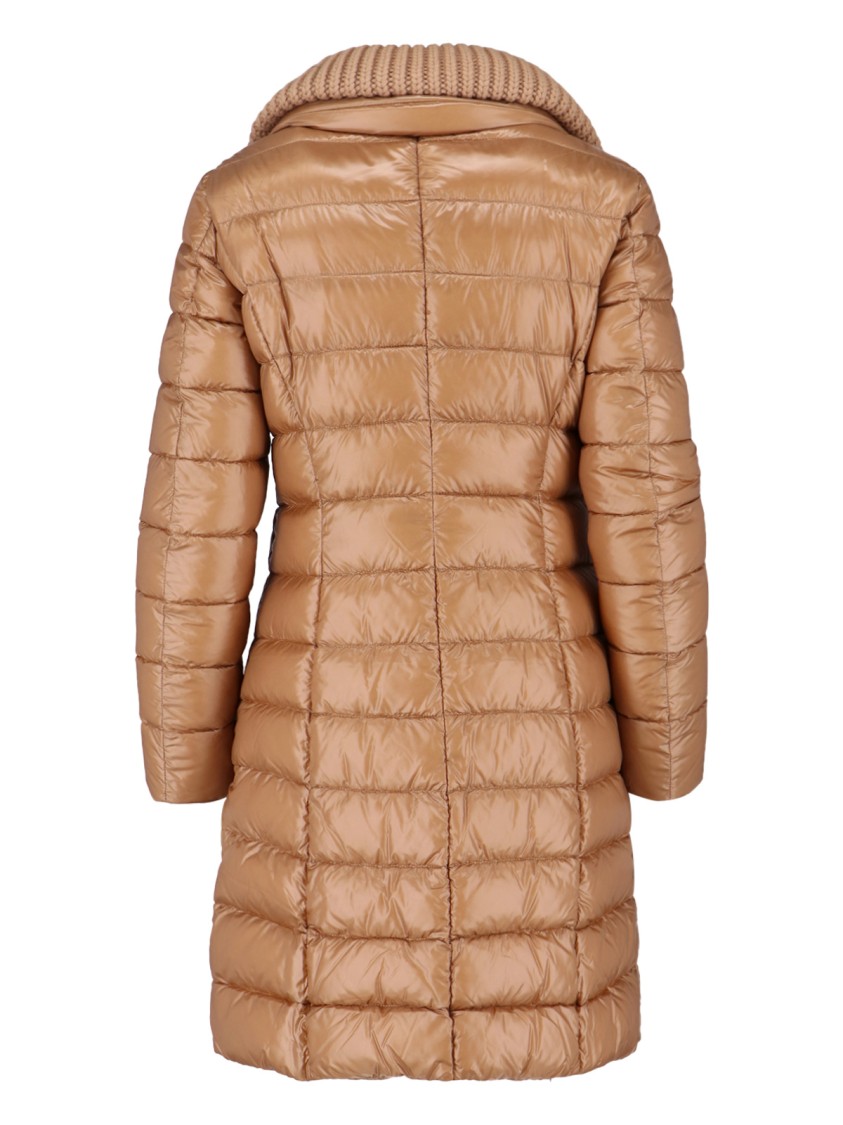 Herno Long Quilted Brown Piumino With Removable Knit Collar In Brown