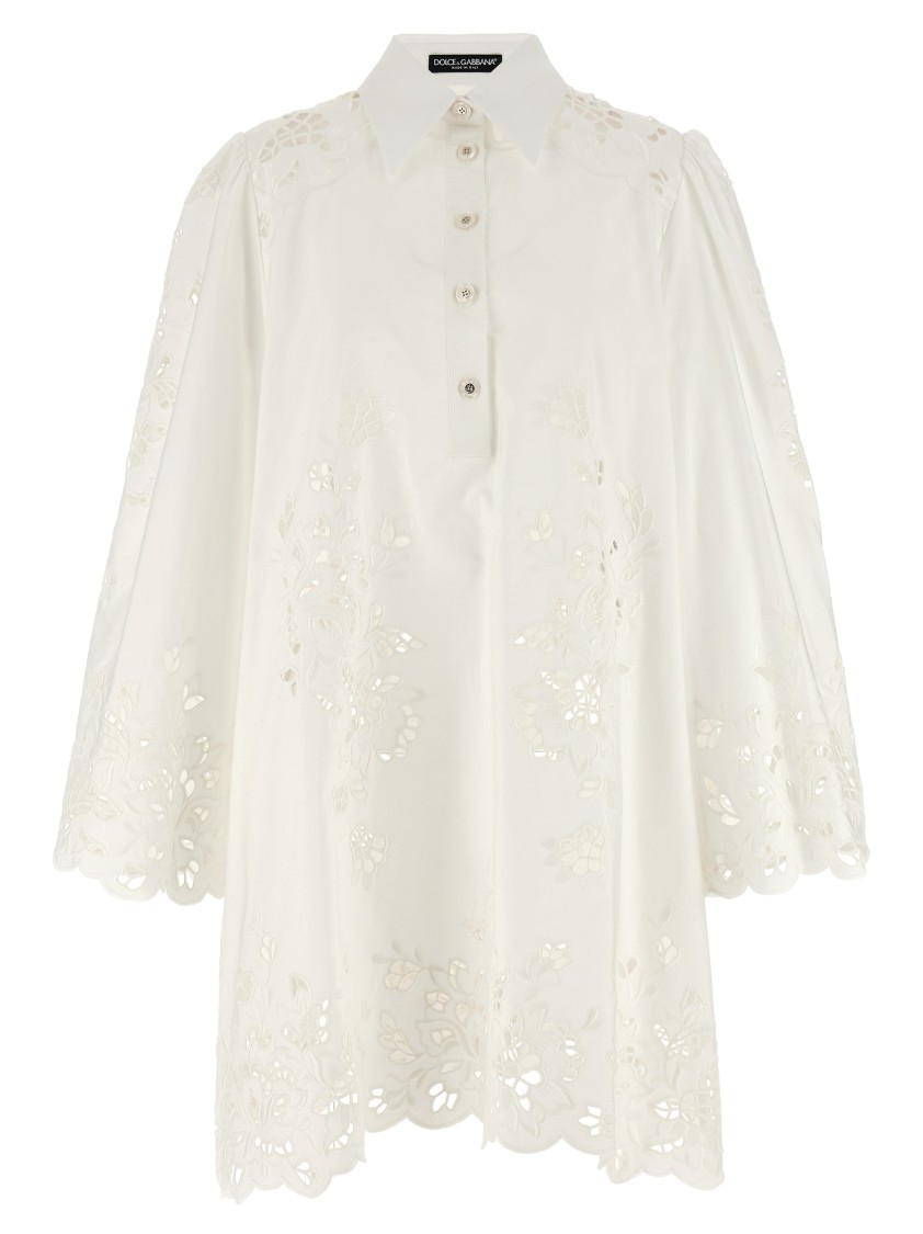 Dolce & Gabbana Sleeve Puff Embroidery Floral Hem Scalloped In White