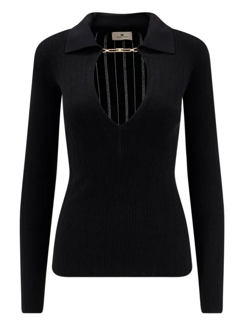 Elisabetta Franchi Deep V-neck Sweater With Gold Accent And Ribbed Texture In Black