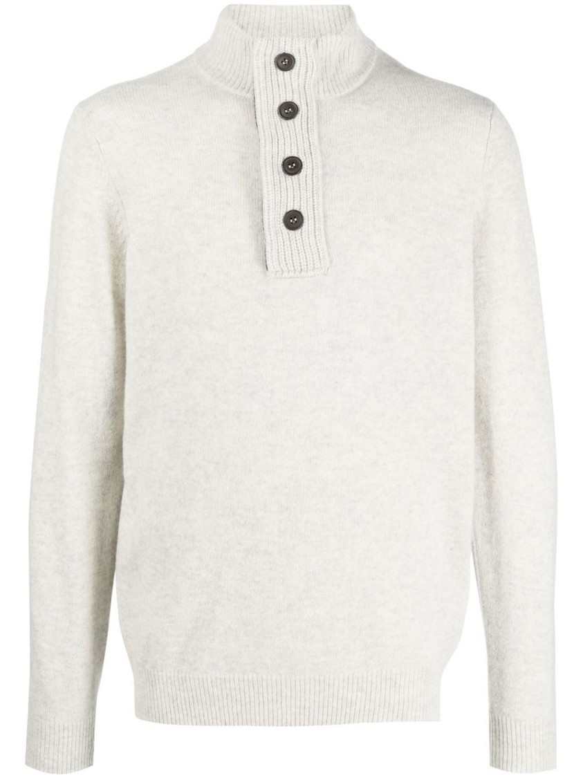 Barbour Pearl Grey Wool Ribbed Knit Sweater With Mock Neck And Button Placket In White