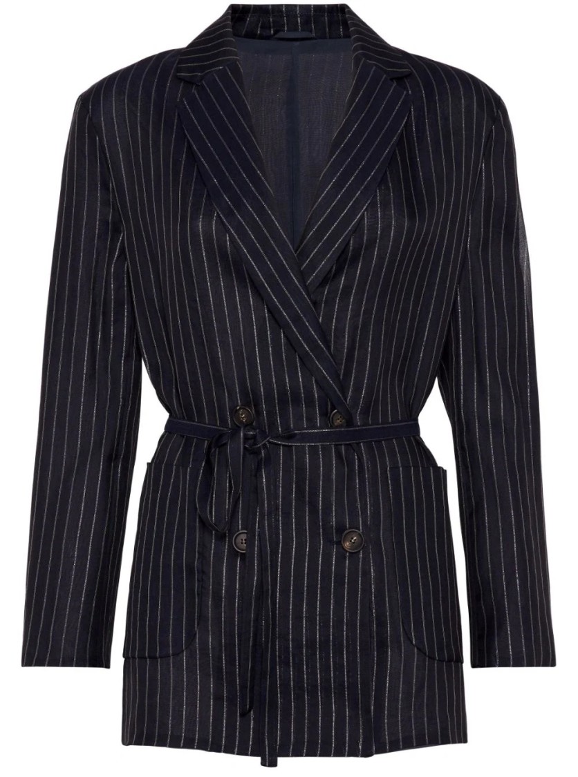 Brunello Cucinelli Double-breasted Jacket With Pinstripe Detail And Belted Waist In Black