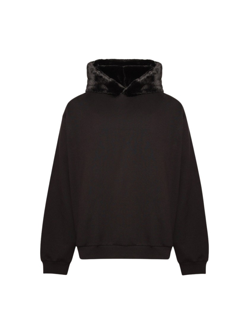 Shop Marni Oversized Black Sweatshirt With Faux Fur-lined Hood