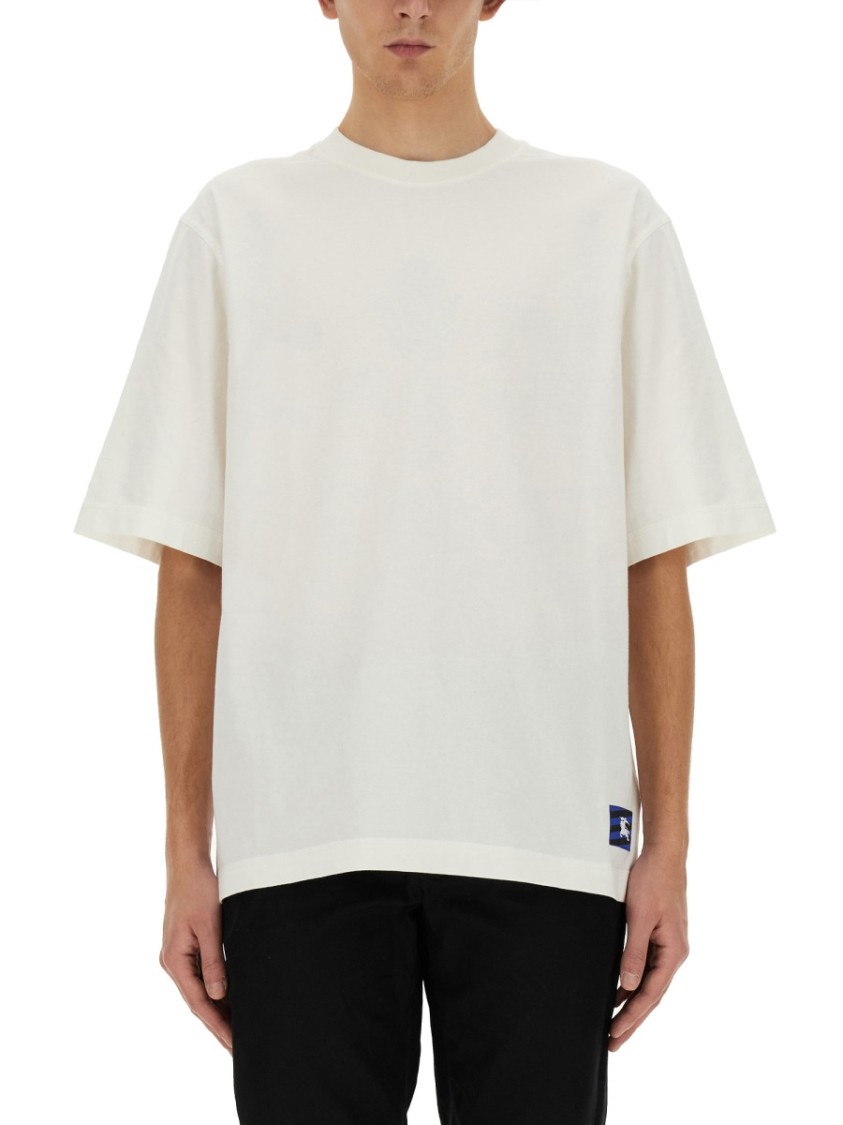 Burberry White Crewneck T-shirt With Equestrain Knight Patch In Cotton Man In White