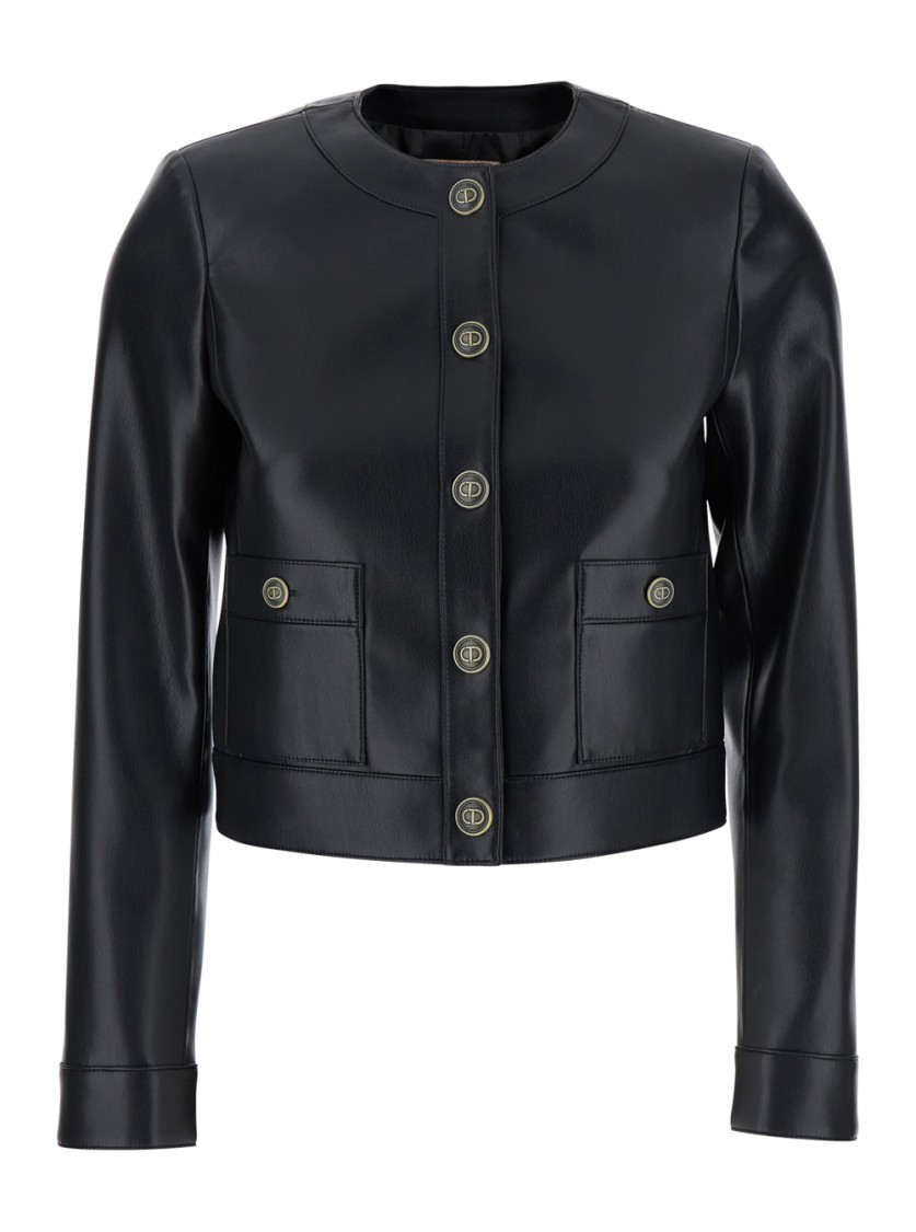 TWINSET TWIN-SET BLACK CREWNECK JACKET WITH LOGO BUTTONS IN LEATHER