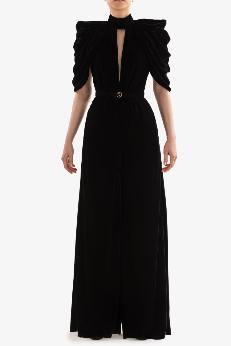 Shop Saiid Kobeisy Jet Black Velvet Jumpsuit