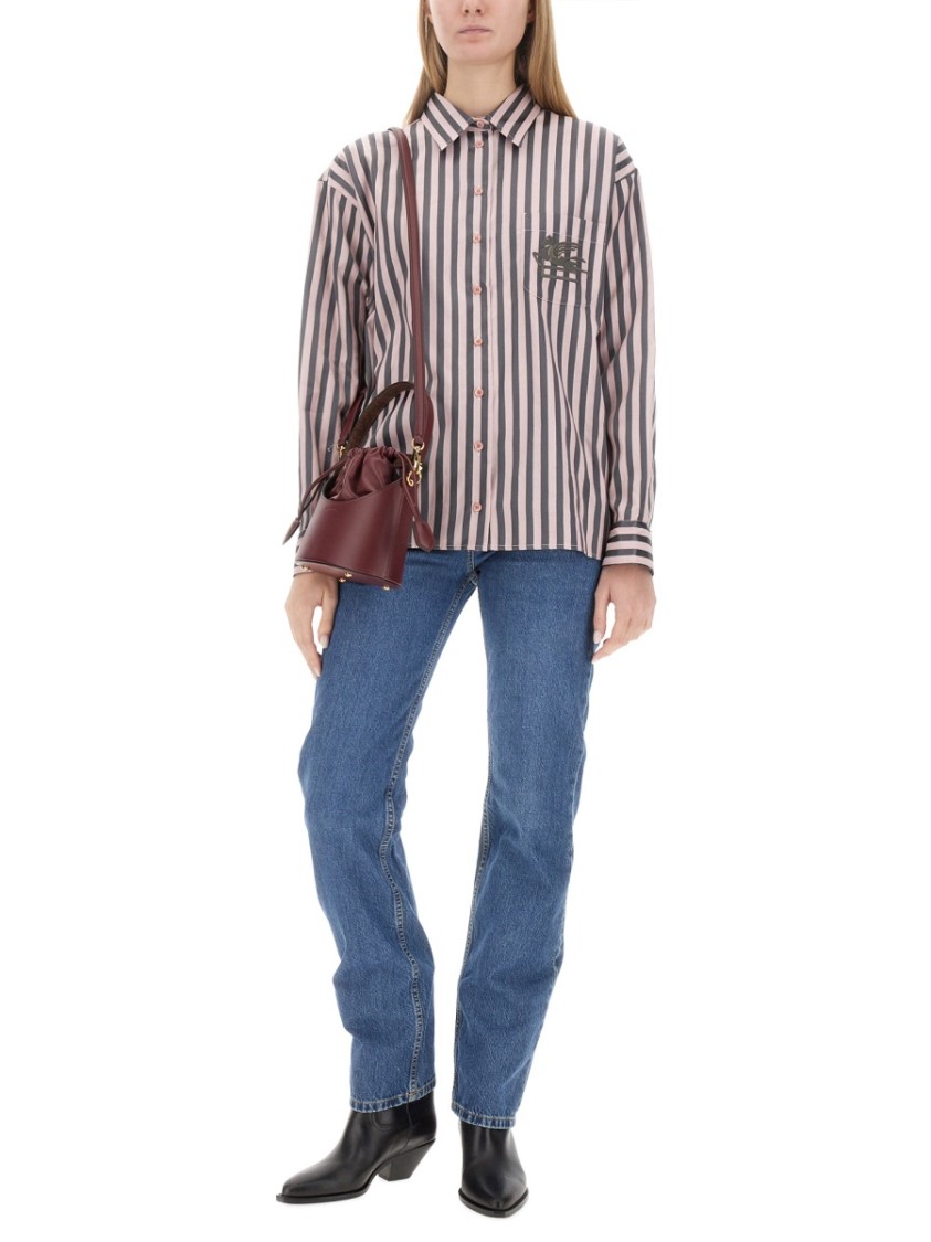 Etro Boyfriend Awning Striped Shirt With Logo Embroidery In Pink