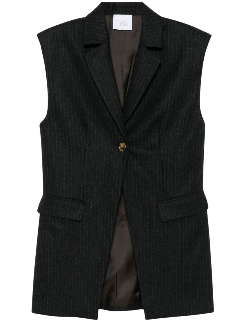 Le Sully Studio Pinstriped Wool Blend Vest With Shoulder Pads In Grey