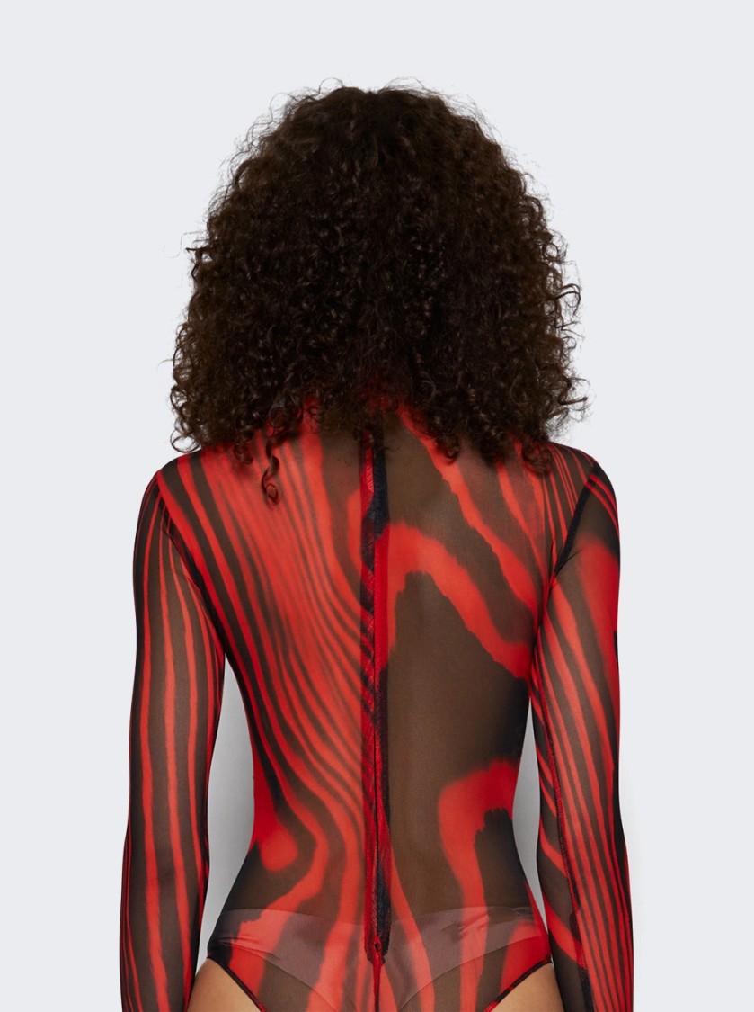 DAVID KOMA DAVID KOMA PRINTED MESH BODYSUIT RED AND BLACK