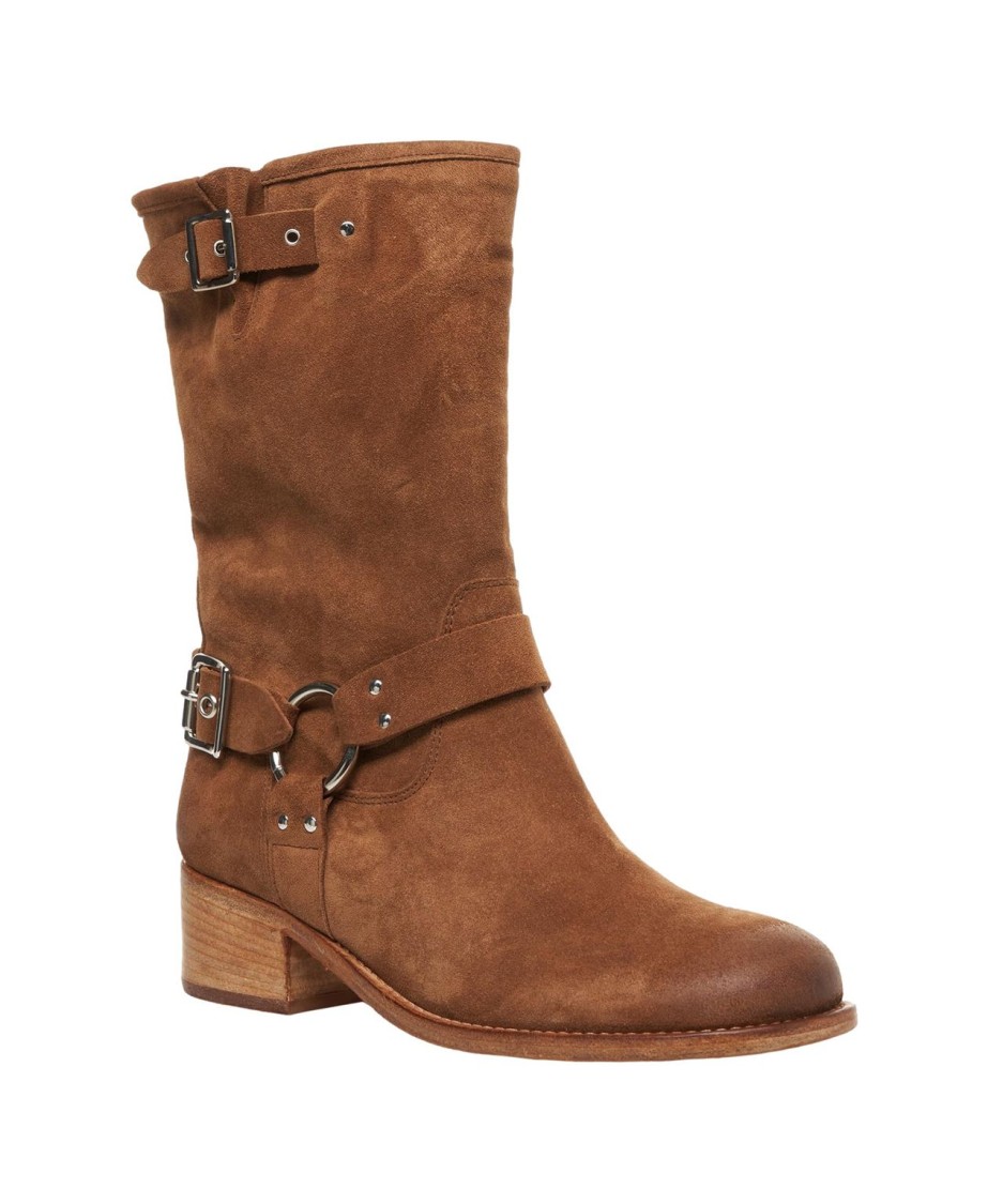 Curiosite Rounded Suede Biker Boots With Metallic Accents In Brown