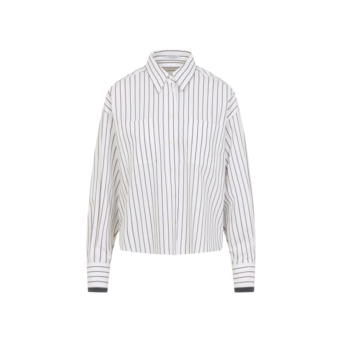 Shop Brunello Cucinelli Vertical Striped Cotton Shirt With Cropped Fit In White