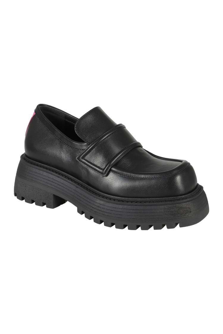 3juin Leather Loafers With Fuchsia Detail And Raised Sole In Black