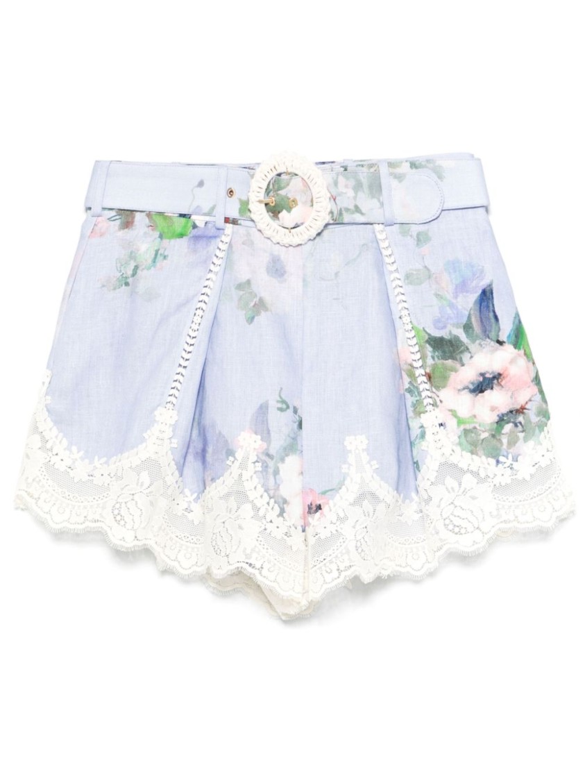 Zimmermann Womens Light Blue Floral Everley Tuck Floral-pattern Linen Shorts In Blue