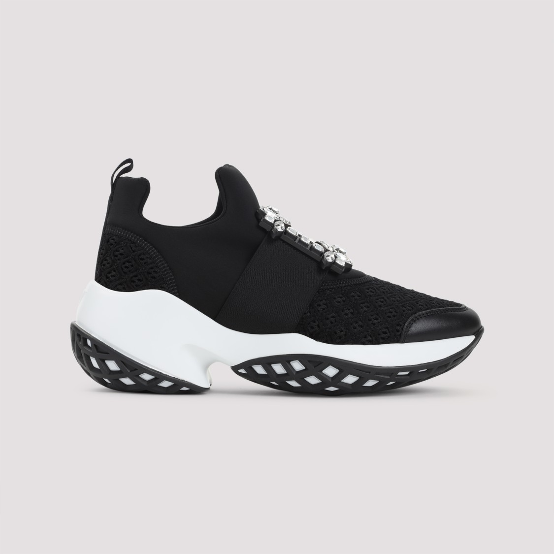 Roger Vivier Roger Viv Mesh Crystal Embellished Slip On Sneakers In Black Nylon