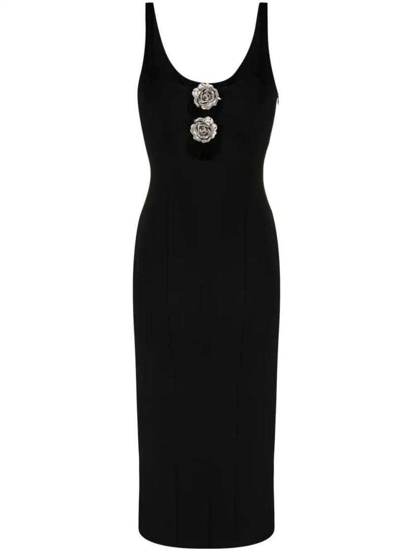 Blumarine Midi Dress With Decorative Rose Embellishments In Black