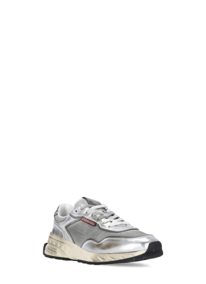 Dsquared2 Vintage-effect Silver Leather Mesh Sneakers In Grey