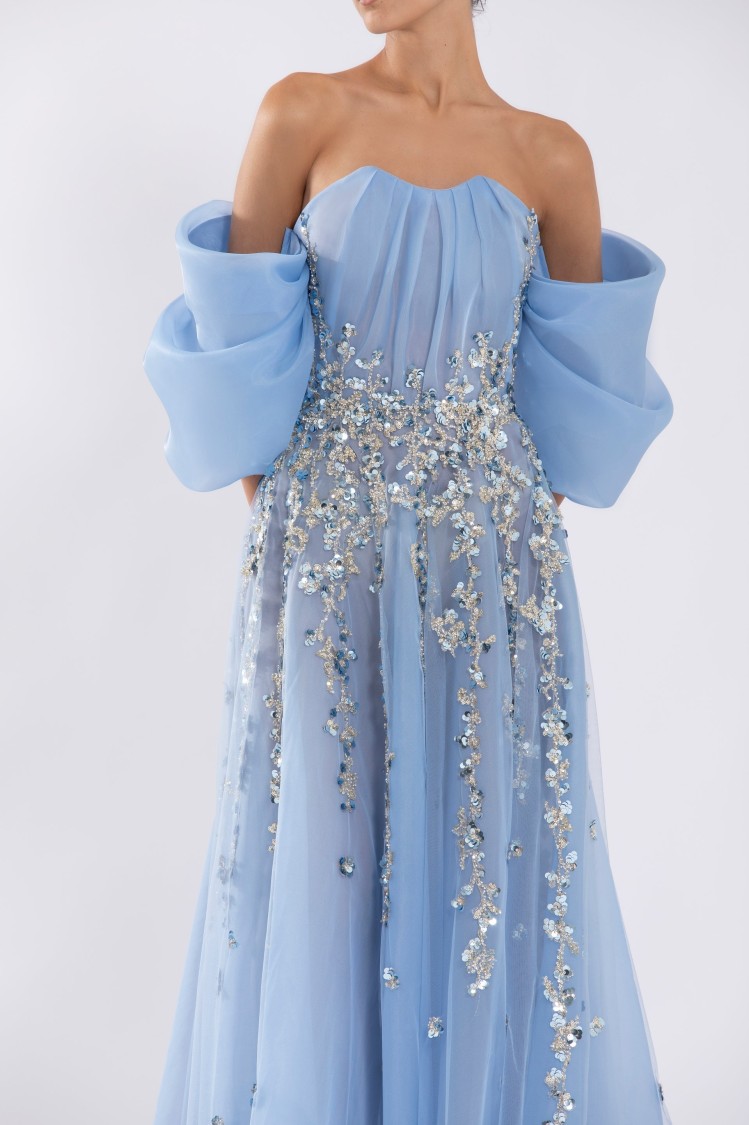 Saiid Kobeisy Organza Dress With Dotted Beading And Pleated Of-shoulder Sleeves In Multi